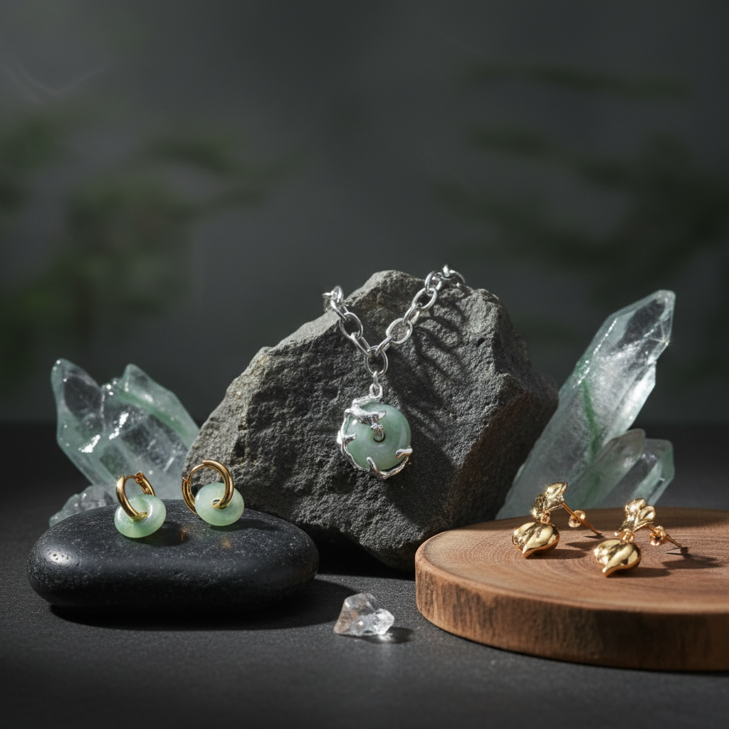 Lifestyle product image featuring Lotus Haus Studio jewelry